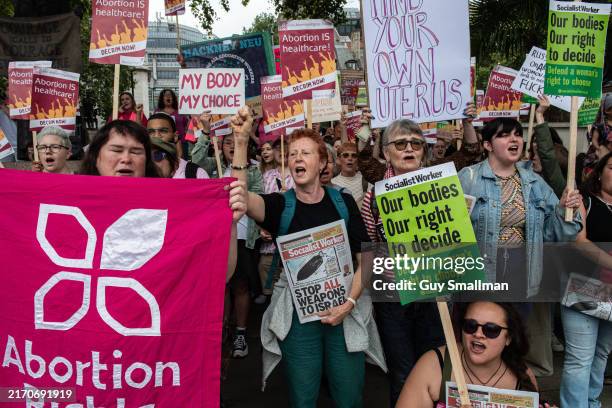 Counter protest to the pro-life march by the Abortion Rights Campaign is held in Parliament square on September 7, 2024 in London, England. The...