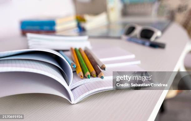back to school concept. creative composition of school. - workbook stock pictures, royalty-free photos & images