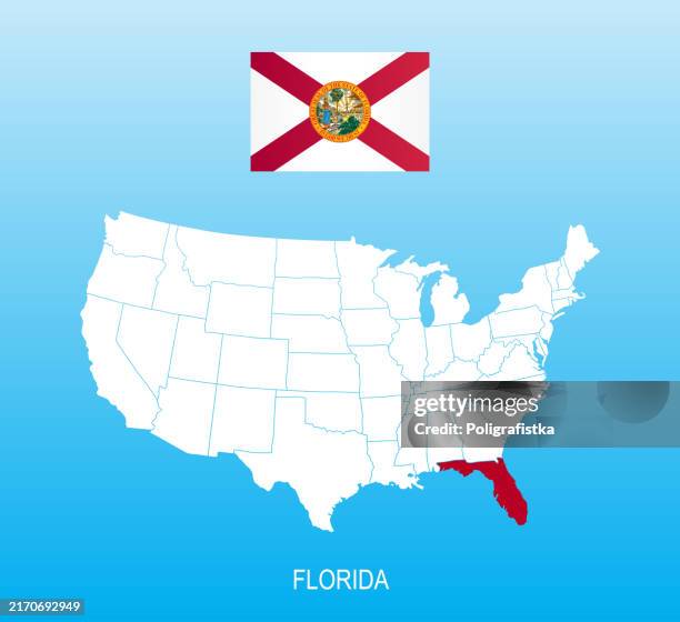 flag of florida and location on us map - florida state flag stock illustrations