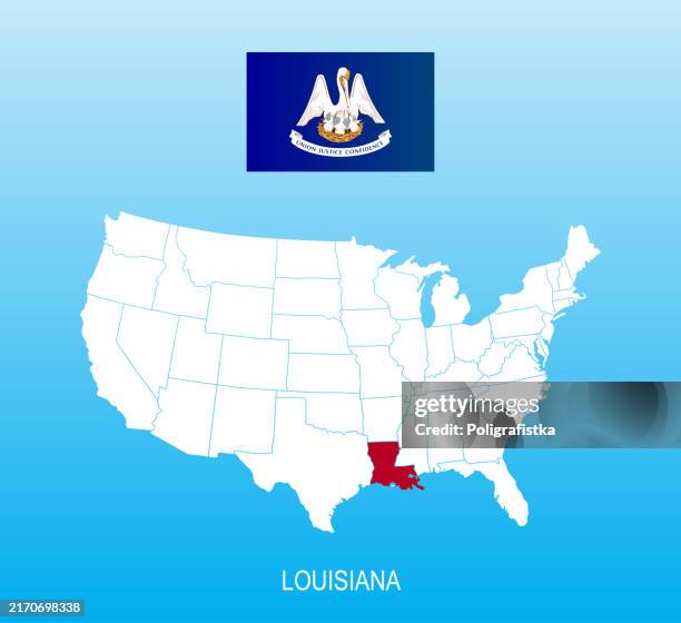 flag of louisiana and location on us map - louisiana state flag stock illustrations
