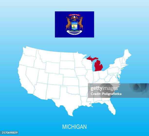 flag of michigan and location on us map - michigan state flag stock illustrations
