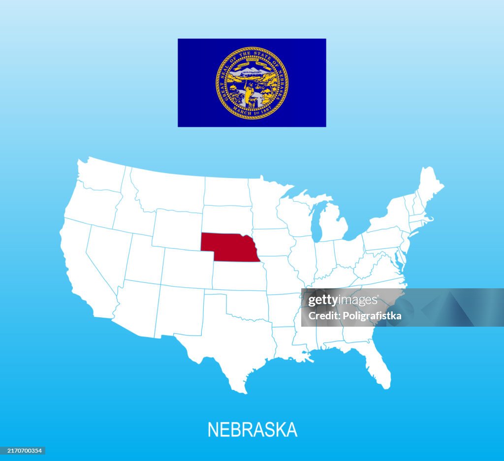 Bandera de Nebraska y ubicación en el mapa de EE. UU.