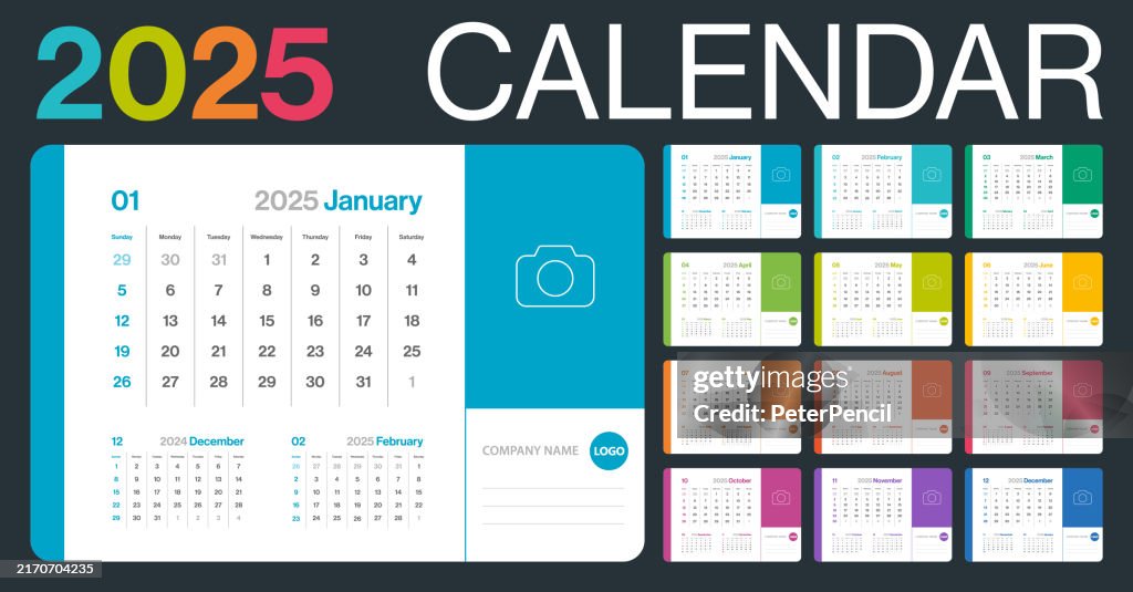 Calendar 2025 Monthly - Minimalism Style Corporative Landscape Horizontal Calendar for 2025 year - Vector Template with Place for Photo and Personalization - American Grid - The Week Starts on Sunday