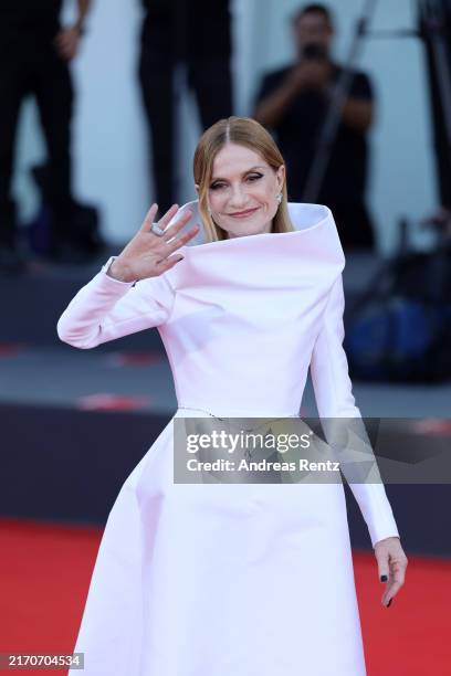 Jury President Isabelle Huppert attends the Closing Ceremony red carpet during the 81st Venice International Film Festival at Palazzo del Cinema on...