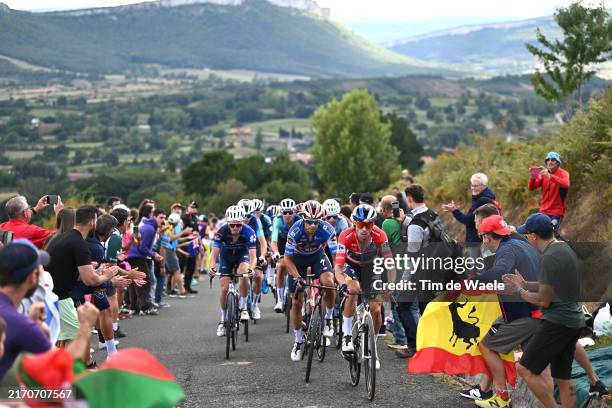 David Gaudu of France and Team Groupama-FDJ, Mikel Landa of Spain and Team T-Rex Quick Step and Primoz Roglic of Slovenia and Team Red Bull Bora -...