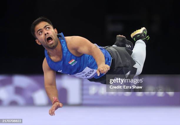 Navdeep of Team India reacts after a throw during the Men's Javelin-F41 Final on day ten of the Paris 2024 Summer Paralympic Games at Stade de France...