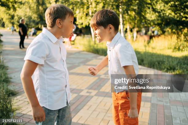 brothers arguing outdoors on a summer day - russian boy stock pictures, royalty-free photos & images