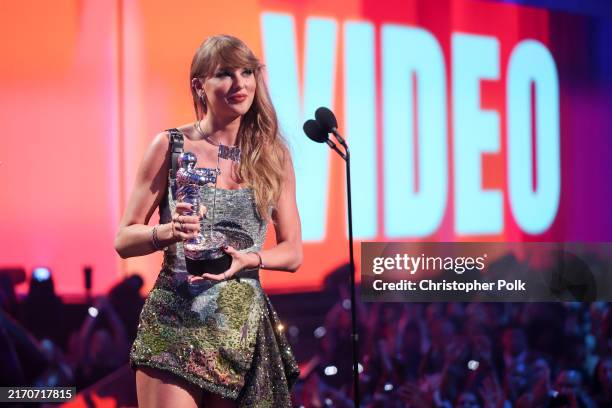 Taylor Swift accepts the Video of the Year award for "Fortnight" onstage at the 2024 MTV Video Music Awards held at UBS Arena September 11, 2024 in...