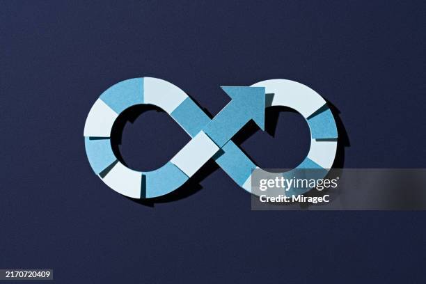 blue arrow looping within an infinity symbol, paper craft - samenhang stockfoto's en -beelden