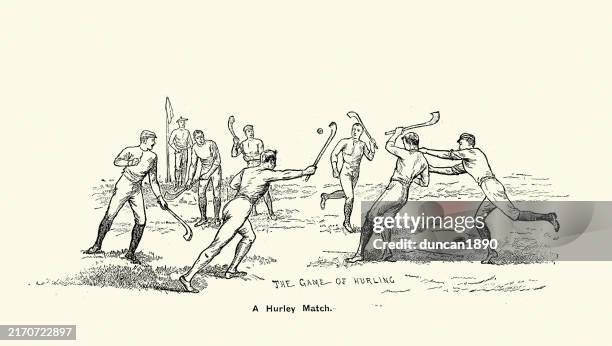 history of sport, gaelic games, men playing a game of hurling, victorian 1880s 19th century - hurling irish sport stock illustrations