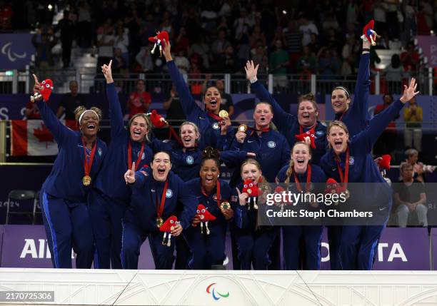 Gold medalists Team United States celebrate during the Sitting Volleyball Women's Medal Ceremony on day ten of the Paris 2024 Summer Paralympic Games...
