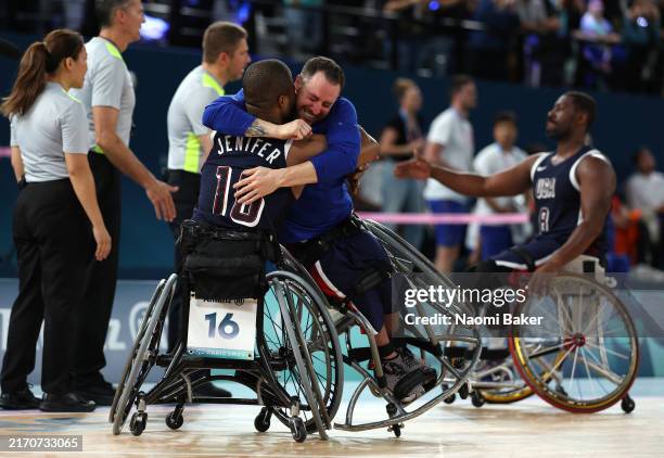 Steve Serio and Trevon Jenifer of Team United States celebrate their side's victory in the Wheelchair Basketball - Men's Gold Medal Match between...
