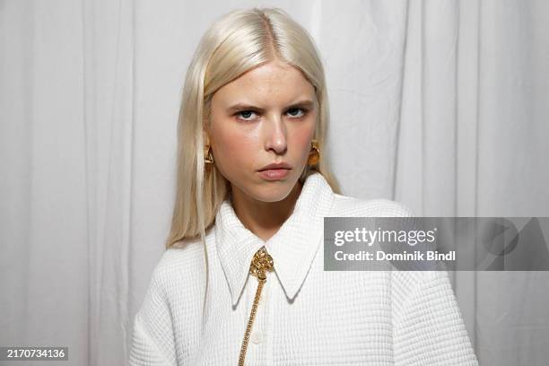 Model poses backstage at the Tibi fashion show during New York Fashion Week - September 2024 at Starrett-Lehigh Building on September 07, 2024 in New...