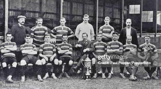 Vintage postcard featuring the Watford Football Club, circa 1906 Left to right, back row: Upton , Jack Richardson, Charlie Aston , Billy Biggar , Joe...