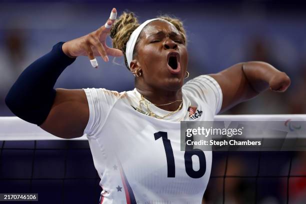 Nicky Nieves of Team United States reacts during the Sitting Volleyball Women's Gold Medal match between Team People's Republic of China and Team...