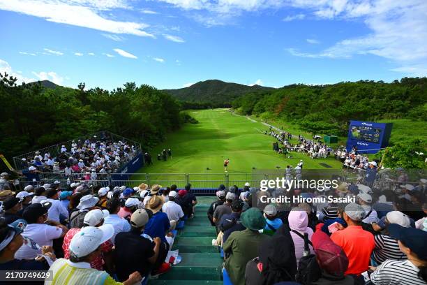 Miyuu Yamashita of Japan hits her tee shot on the 1st hole during the final round of SONY JLPGA CHAMPIONSHIP at Kanehide Kise Country Club on...