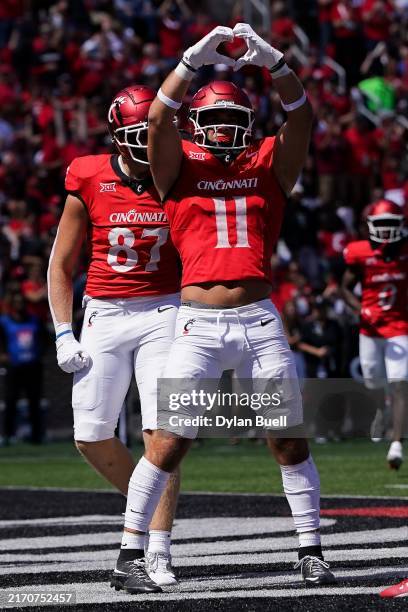 Joe Royer of the Cincinnati Bearcats celebrates after scoring a touchdown in the third quarter against the Pittsburgh Panthers at Nippert Stadium on...