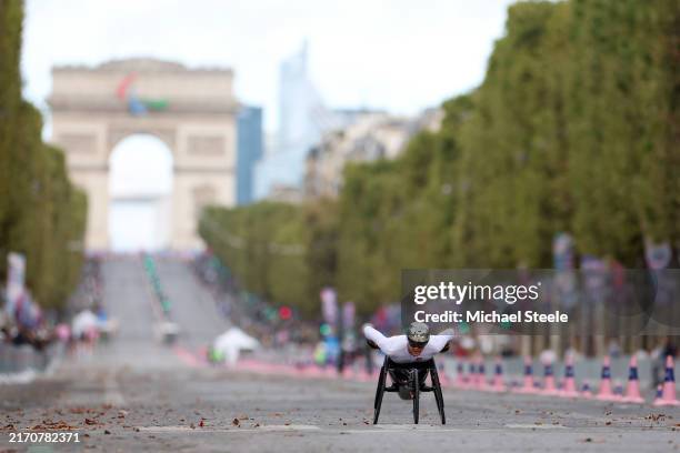 Marcel Hug of Team Switzerland leads during the Men's Marathon T54 on day eleven of the Paris 2024 Summer Paralympic Games at on September 08, 2024...