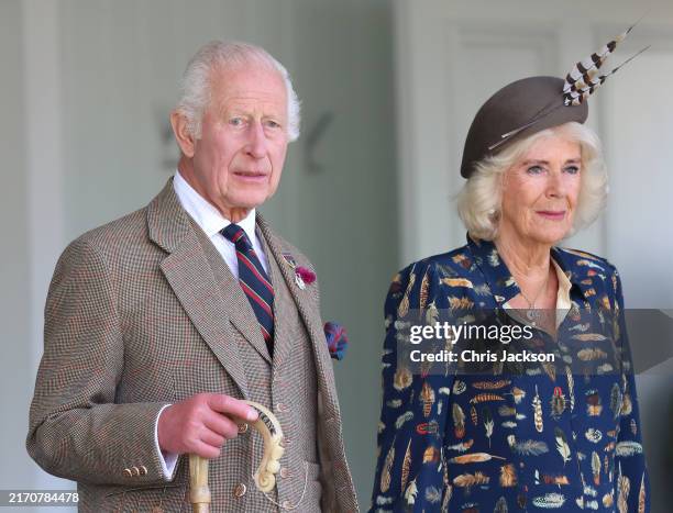 Queen Camilla attends The Braemar Gathering 2024 at The Princess Royal and Duke of Fife Memorial Park on September 08, 2024 in Braemar, Scotland. The...