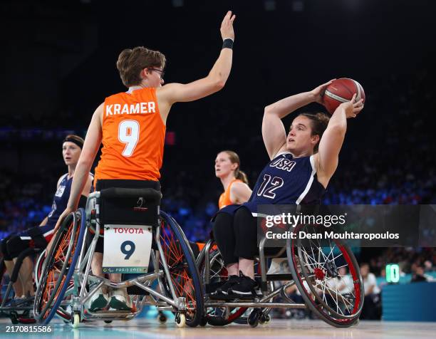 Bo Kramer of Team Netherlands blocks a shot from Becca Murray of Team United States during the Women's Wheelchair Basketball Gold Medal Match against...