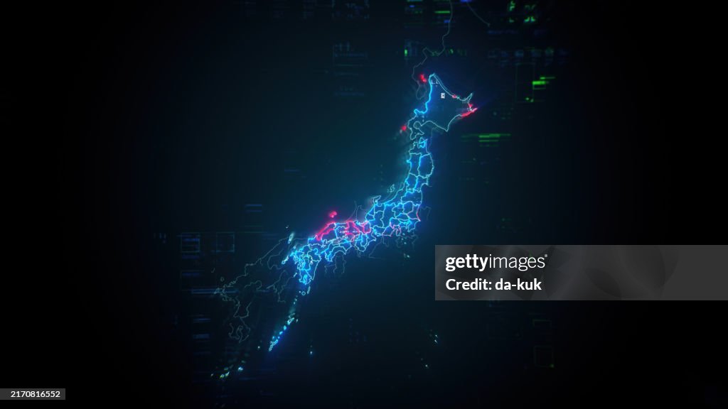 グローバルなコミュニケーションとグローバルな金融を表す暗いデジタル背景の日本地図
