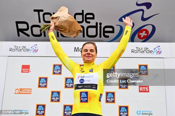 Lotte Kopecky of Belgium and Team SD Worx - Protime - Yellow Leader Jersey celebrates at podium during the 91st GP de Fourmies / La Voix du Nord 2024...