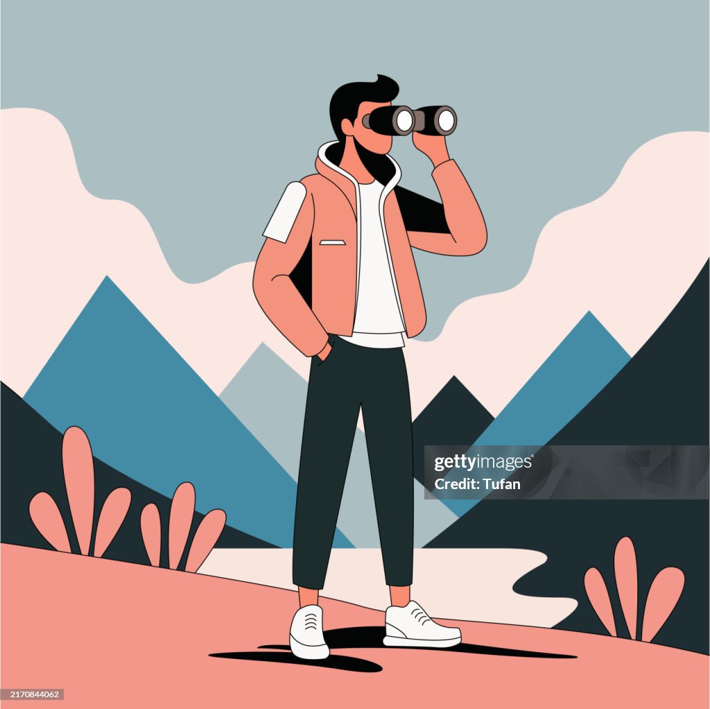 Illustration of a Man Using Binoculars to Explore Mountainous Terrain