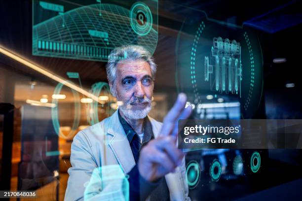businessman using virtual reality on automotive industry office - holografie stockfoto's en -beelden