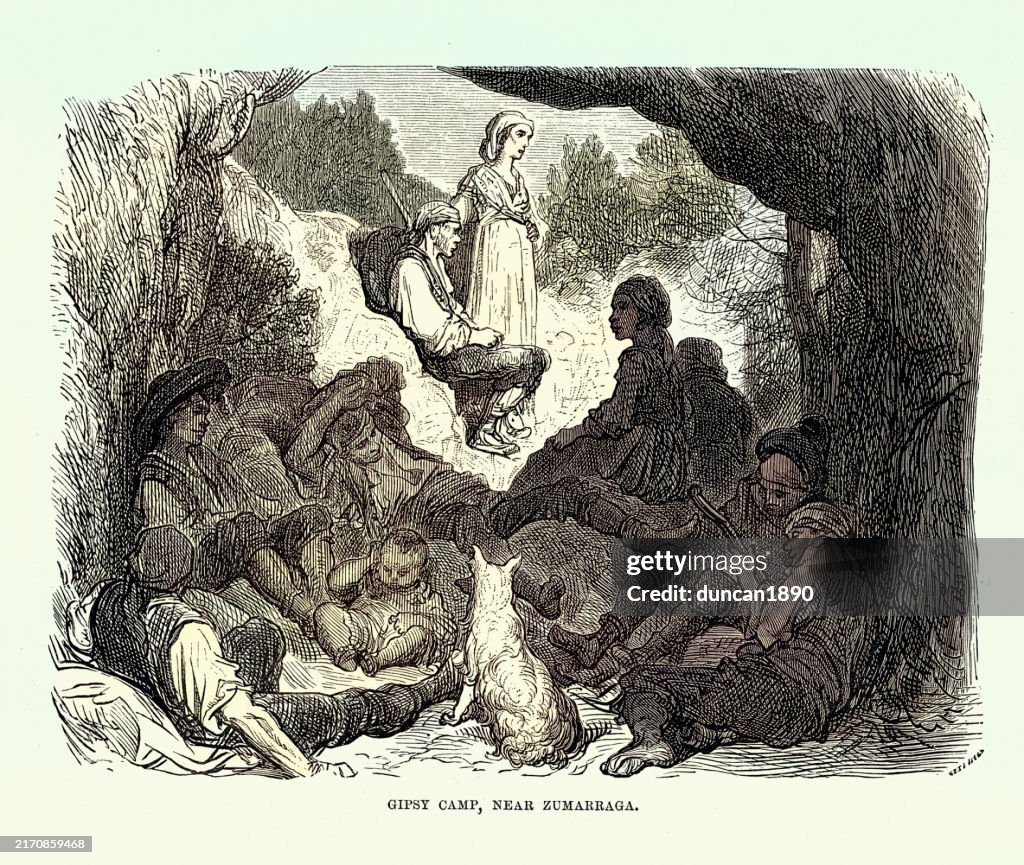 History of Spain, Gypsy camp near Zumarragam, Basque Country, Gustave Dore,, 19th Century Vintage illustration