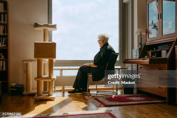 full length of senior woman looking through window while sitting on chair in apartment - eine seniorin allein stock-fotos und bilder