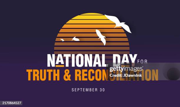 national day for truth and reconciliation banner design poster with sun shape and white birds in flight - day stock illustrations