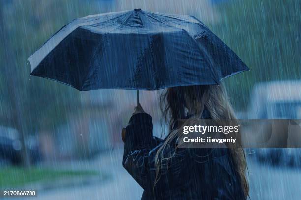 woman under umbrella. rainy weather - torrential rain stock pictures, royalty-free photos & images