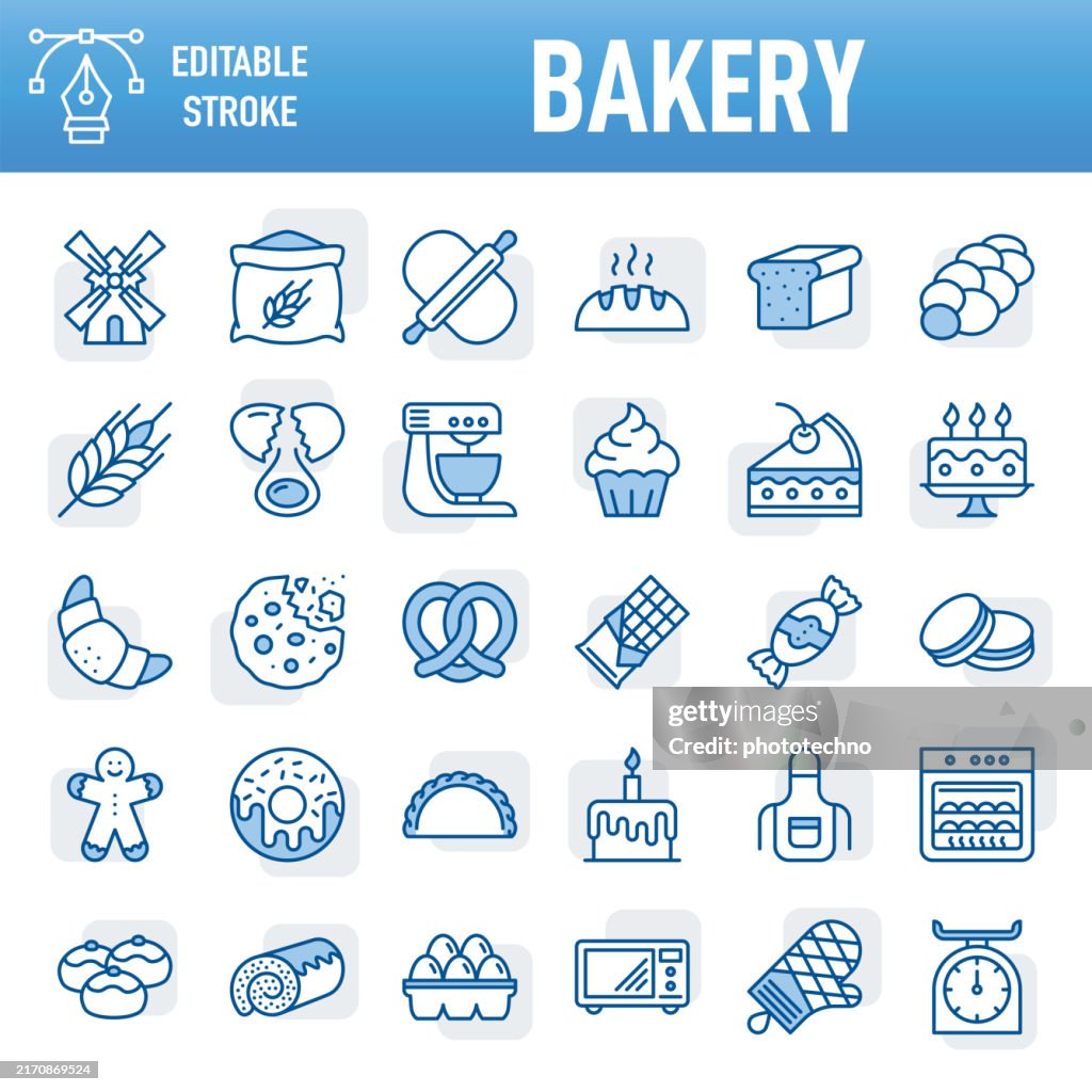 Bakery - Thin line vector icon set. Pixel perfect. Editable stroke. For Mobile and Web. The set contains icons: Bakery, Cookie, Baking, Bread, Cake, Food, Food and Drink, Cupcake, Dough, Doughnut, Cooking, Baked Pastry Item, Sweet Food, Sweet Pie