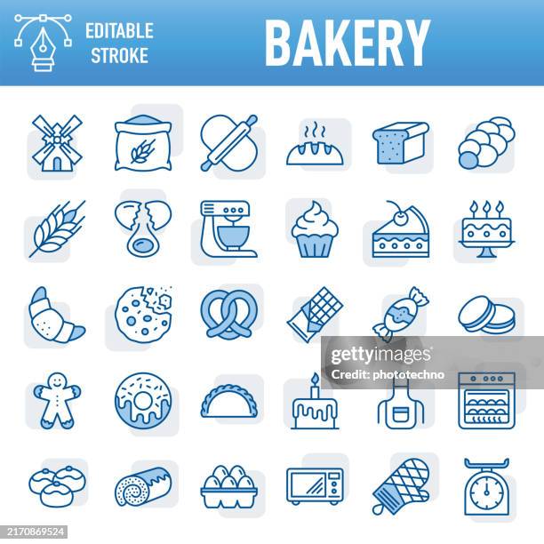 bakery - thin line vector icon set. pixel perfect. editable stroke. for mobile and web. the set contains icons: bakery, cookie, baking, bread, cake, food, food and drink, cupcake, dough, doughnut, cooking, baked pastry item, sweet food, sweet pie - wheat sweet bread stock illustrations