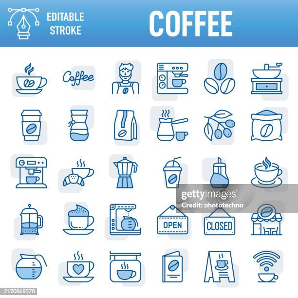 coffee - thin line vector icon set. pixel perfect. for mobile and web. the layers are named to facilitate your customization. the set contains icons: coffee - drink, coffee break, cafe, cup, drink, coffee shop, cafeteria - coffee maker stock illustrations