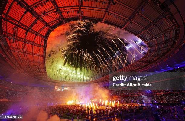 General view inside the stadium during a fireworks display to conclude the closing ceremony on day eleven of the Paris 2024 Summer Paralympic Games...