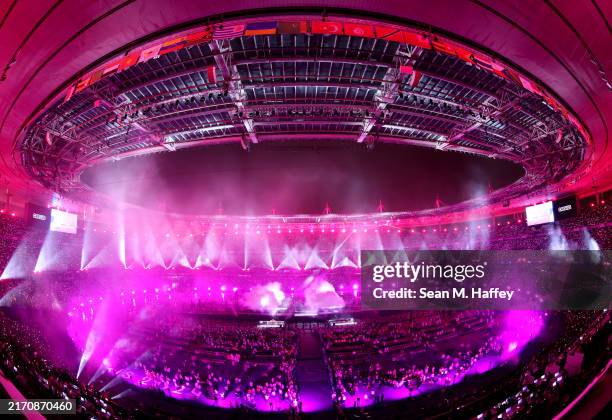 General view inside the stadium during a pyrotechnics display to conclude the closing ceremony on day eleven of the Paris 2024 Summer Paralympic...
