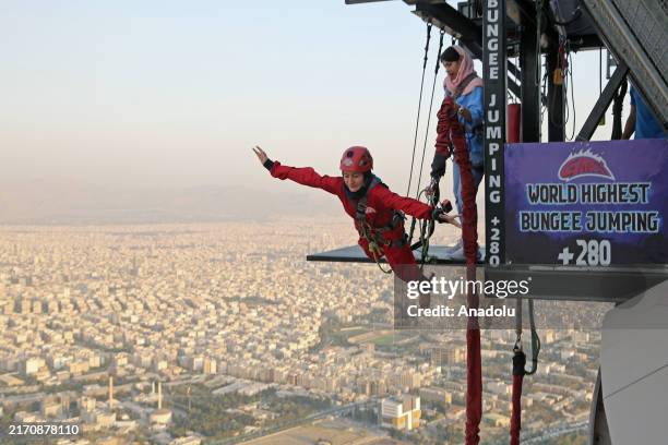 View of the world's highest 280-meter bungee jumping platform opened at the Milad Tower, a landmark in the Iranian capital Tehran, on September 11,...