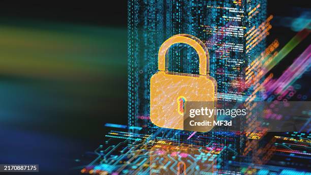 digital security concept. protect data. lock sign on technology and data background - firewall stock pictures, royalty-free photos & images