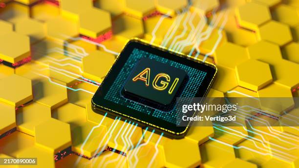 agi - artificial general intelligence. text on yellow digital background. - artificial general intelligence stock pictures, royalty-free photos & images