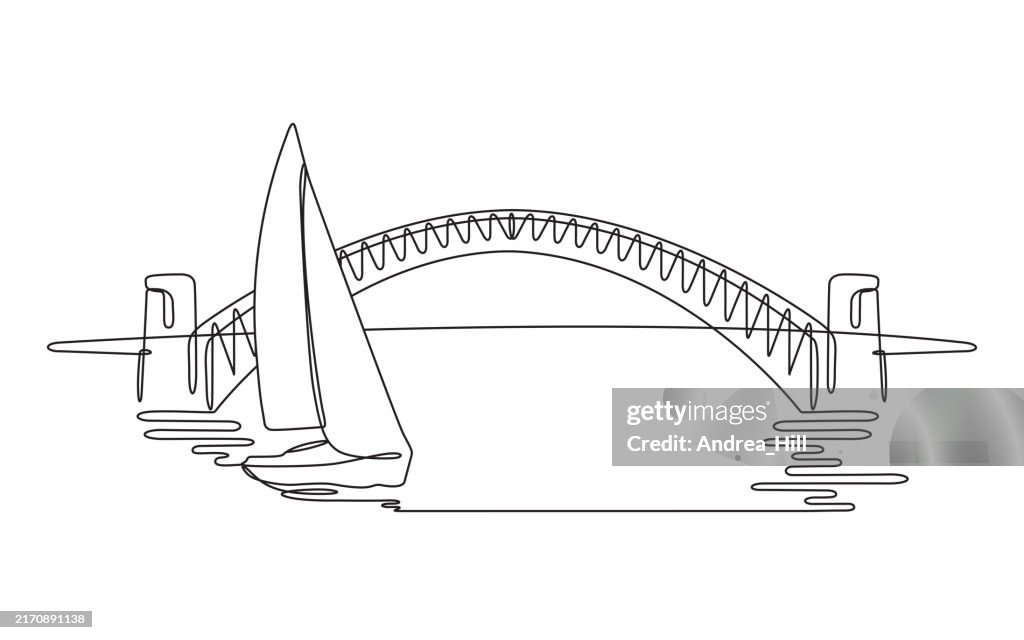 Sailboat Sailing by Bridge. Continuous Line Drawing with Color Elements, Editable Stroke and Copy Space