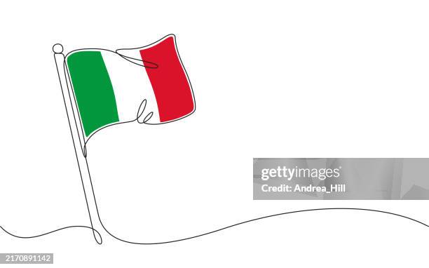 ilustraciones, imágenes clip art, dibujos animados e iconos de stock de bandera del país europeo de italia. dibujo de líneas continuas con elementos de color, trazo editable y espacio de copia - asta palo