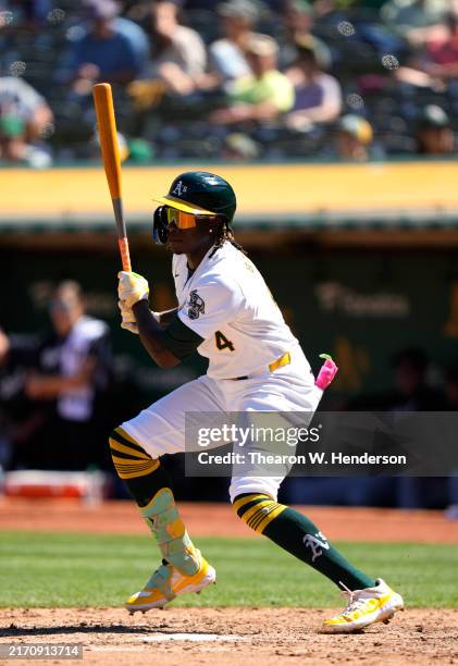 Lawrence Butler of the Oakland Athletics bats against the Detroit Tigers in the bottom of the fifth inning at the Oakland Coliseum on September 8,...