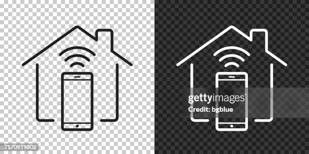 smart home with smartphone. icon for design on blank background - checking phone outside stock illustrations