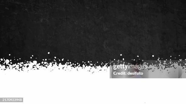 stockillustraties, clipart, cartoons en iconen met horizontal empty blank wispy rustic artistic grunge textured divided bordered frame background with splattered drops like white spotted spray paint splattered stripe painted bottom edge border of black wispy textured backdrop with copy space - vervagen