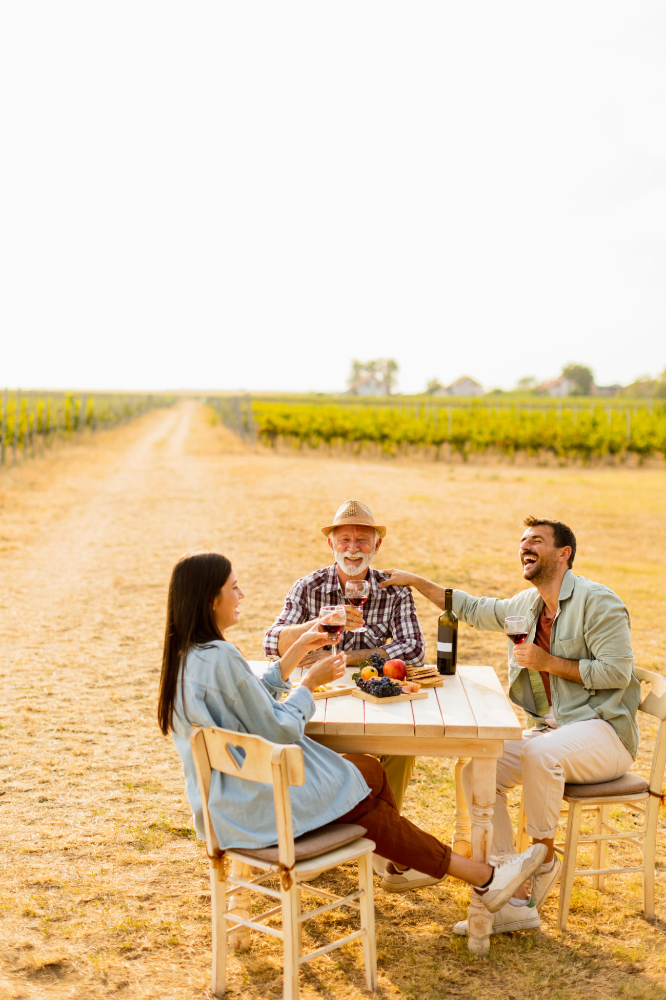 Joyful gathering in a sunlit vineyard with friends savoring wine and fresh produce on a warm afternoon in the countryside Joyful gathering in a sunlit vineyard with friends savoring wine and fresh produce on a warm afternoon in the countryside