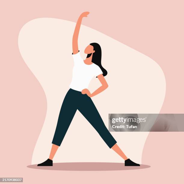 frau führt eine dehnübung im minimalistischen stil durch. weiblicher charakter, der sich an einer fitnessroutine beteiligt und lässige sportbekleidung trägt. vektorillustration, die gesundheit, wellness und aktiven lebensstil darstellt - fitness stock-grafiken, -clipart, -cartoons und -symbole