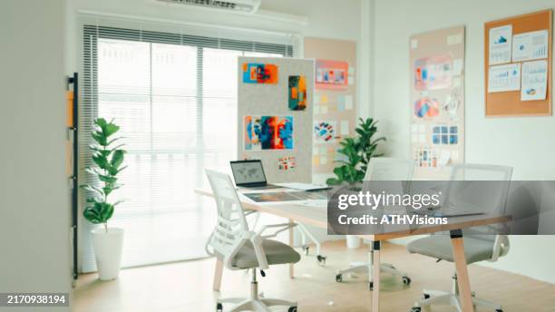 business meeting room with design boards and marketing projects ready for presentation - design studio stock pictures, royalty-free photos & images