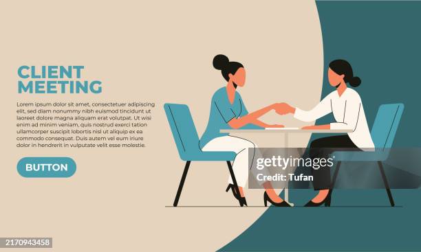 businesswomen shaking hands in a client meeting. professional consultation, agreement, or partnership between two female colleagues. vector illustration for corporate discussions, client relationships, and business deals - illustration office vector stock illustrations