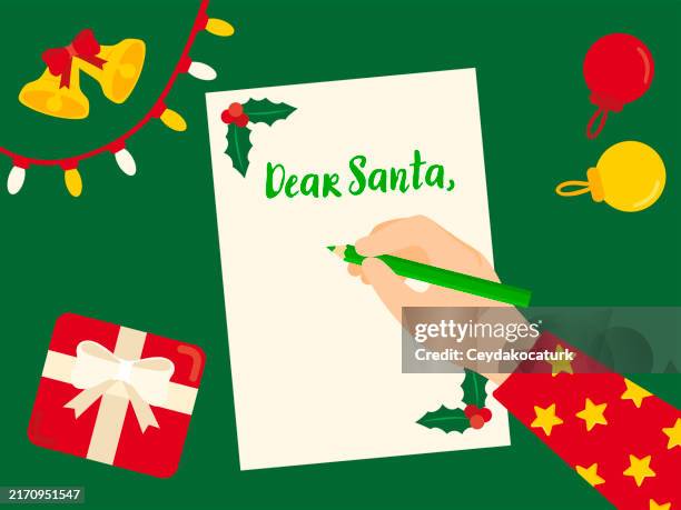 handschrift auf einer weihnachtsgrußkarte an den weihnachtsmann - wunsch stock-grafiken, -clipart, -cartoons und -symbole